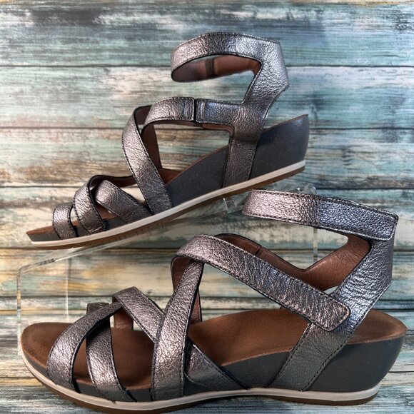 Dansko Veruca Gladiator Sandal Womens Sz 8.5-9 Metallic Gray Leather Wedge Heel - Picture 3 of 14